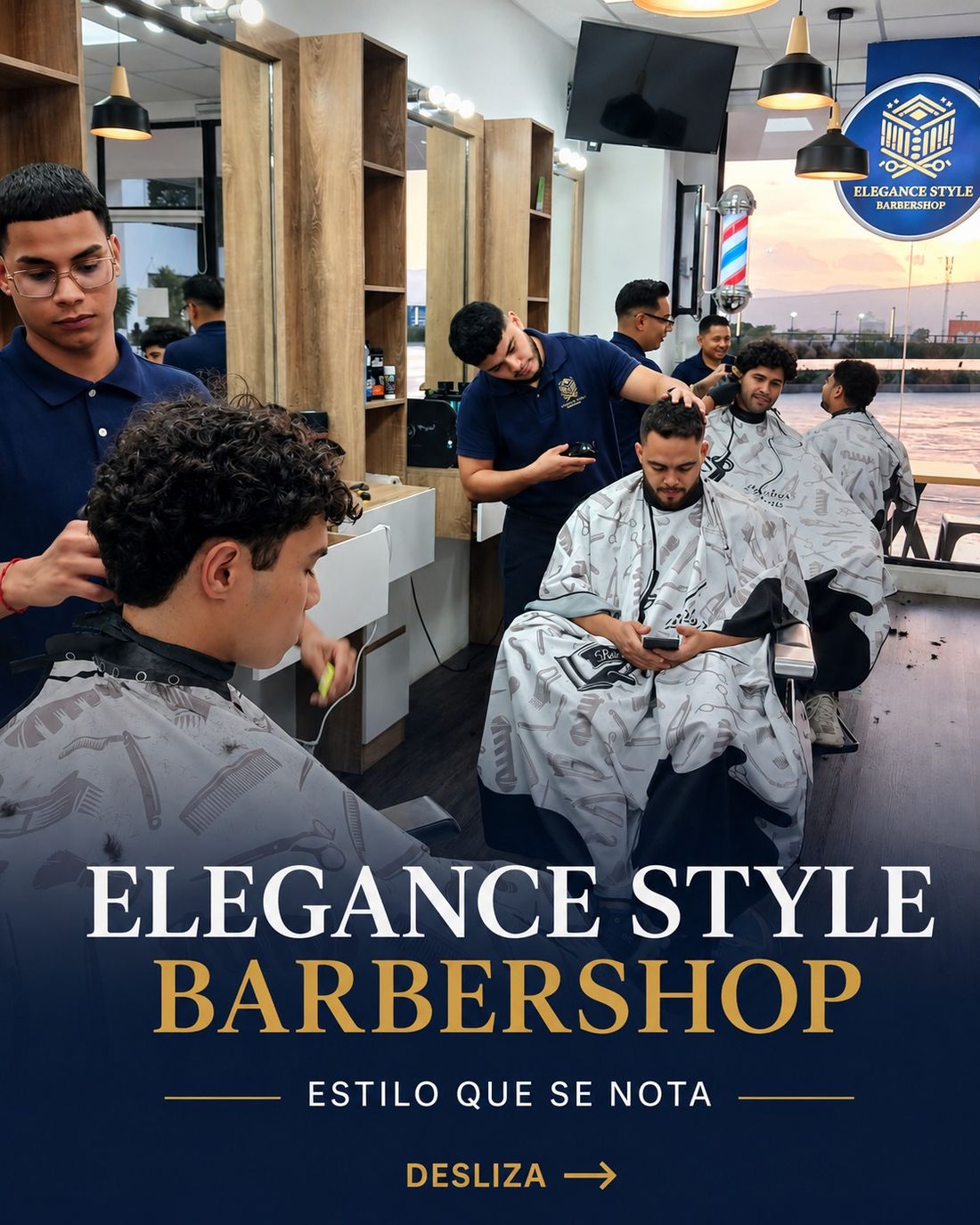 Equipo de barberos atendiendo clientes